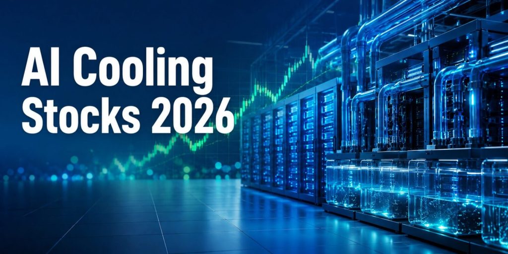 AI data center cooling stocks — server racks with blue liquid cooling and a rising stock chart