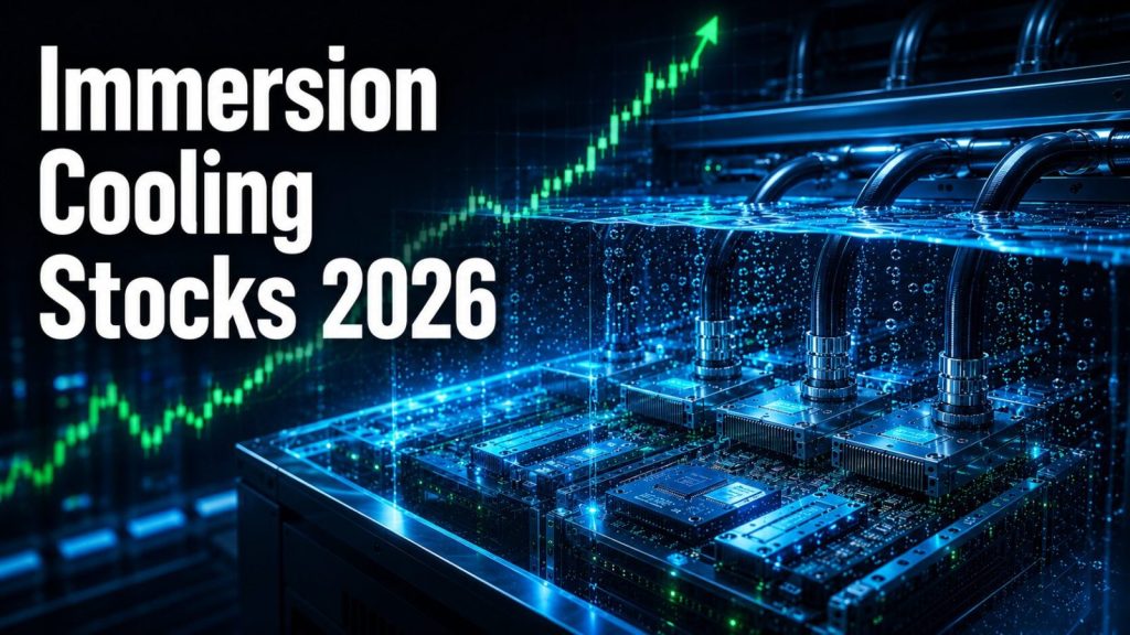 Immersion cooling stocks — data center servers in liquid cooling with a rising stock chart