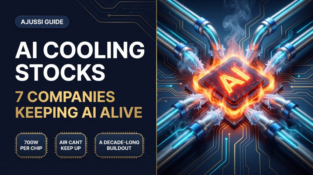 Glowing hot AI chip cooled by seven coolant pipes - AI cooling stocks guide covering thermal management companies for 2026