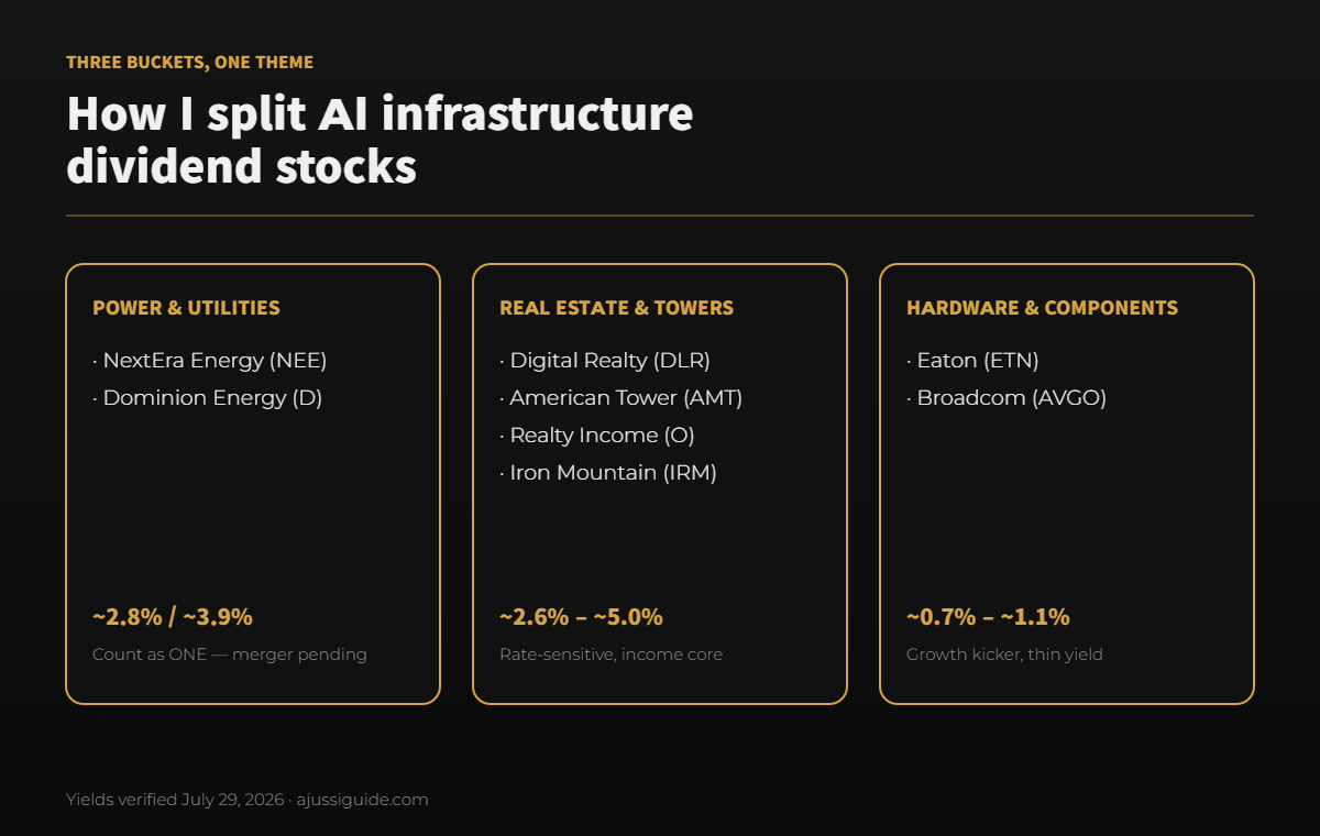 AI Infrastructure Dividend Stocks: 7 Income Picks for 2026 3 AI infrastructure dividend stocks split into three buckets: power and utilities, real estate and towers, hardware and components