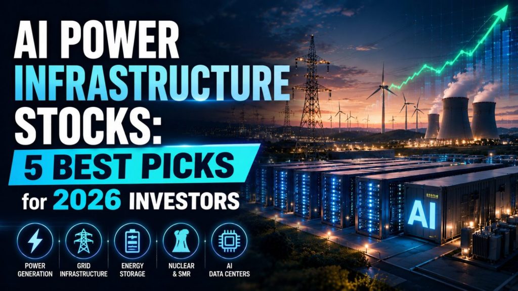 AI power infrastructure stocks 2026 - data center servers, power transmission towers, nuclear cooling towers and rising stock chart