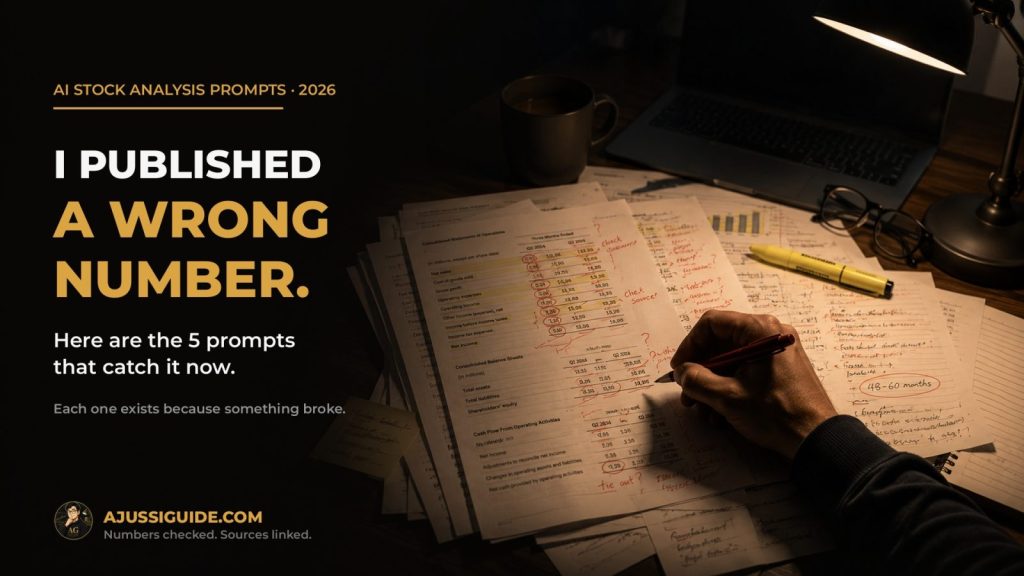 AI Stock Analysis Prompts (2026): 5 I Actually Use, and Where Each One Broke 1 AI stock analysis prompts 2026 — printed financial statements marked up in red pen under a desk lamp, with a lead-time figure circled for verification