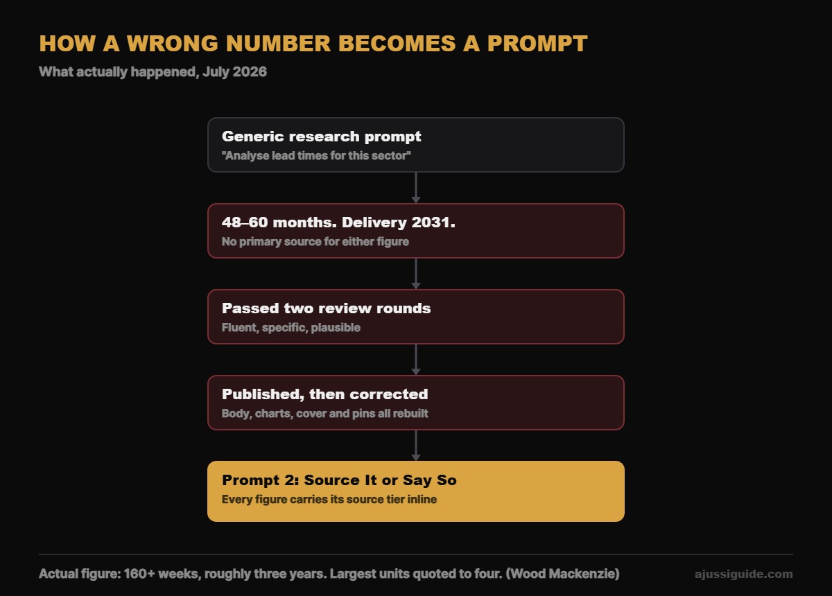 AI stock analysis prompts — how an unsourced lead-time figure passed two review rounds, reached publication, and became a source-labelling prompt