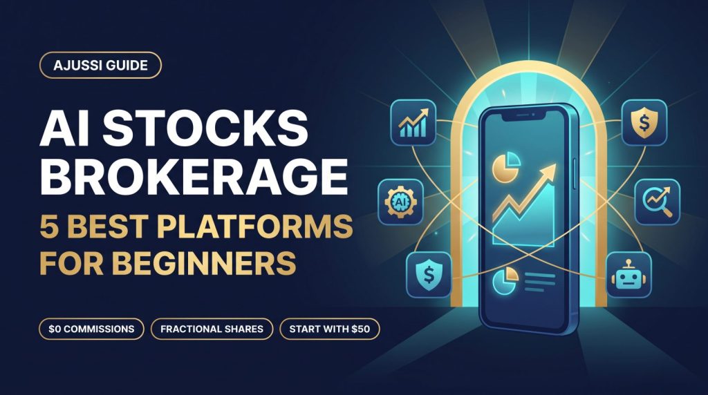 Smartphone with trading app surrounded by five platform icons - AI stocks brokerage guide for beginners with zero commissions and fractional shares