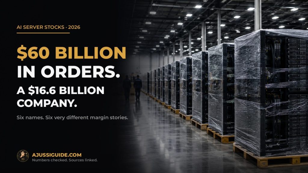 Best AI Server Stocks: 6 Names Where the Margin Stories Diverge (2026) 2 AI server stocks 2026 — completed server racks wrapped and staged for shipment, illustrating $60 billion in orders against a $16.6 billion company