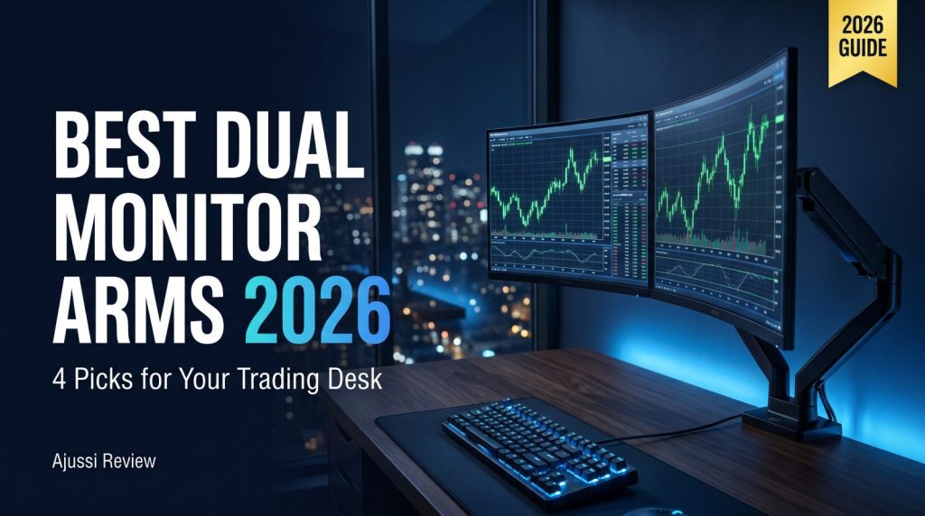 Best dual monitor arm 2026 - two trading monitors on an articulating desk mount arm