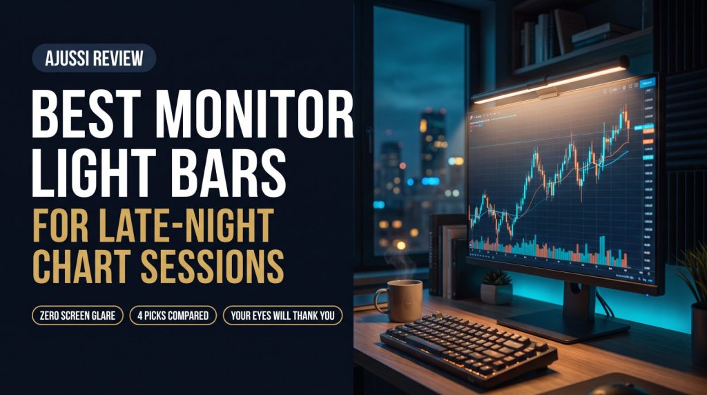 Monitor light bar casting warm light over a desk with a stock chart on screen at night - best monitor light bar picks for late-night chart sessions