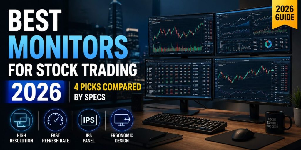 Best monitors for stock trading 2026 - four-monitor trading desk setup with candlestick charts