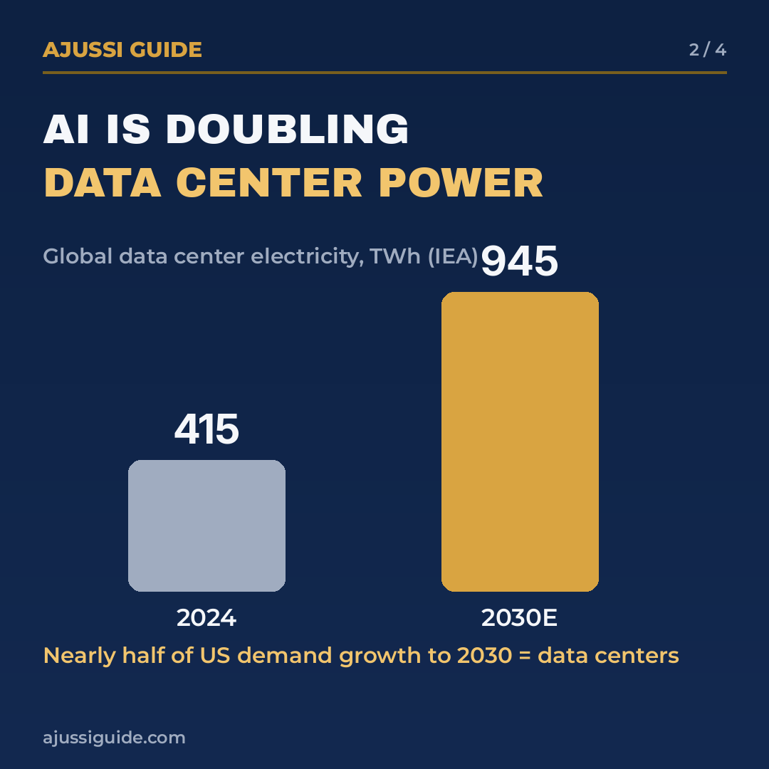 Bar chart: global data center electricity consumption doubling from 415 TWh in 2024 to 945 TWh by 2030 (IEA)