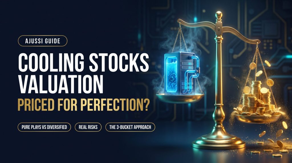 Balance scale weighing a liquid-cooled server against gold coins - cooling stocks valuation debate for data center investors