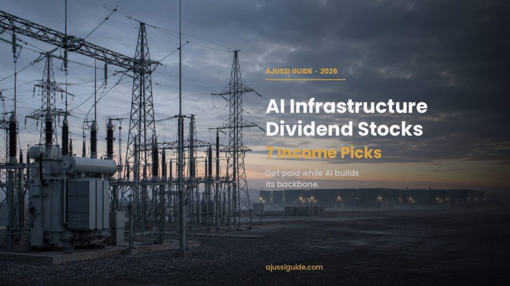 AI infrastructure dividend stocks: high-voltage substation at dawn with a data centre campus on the horizon