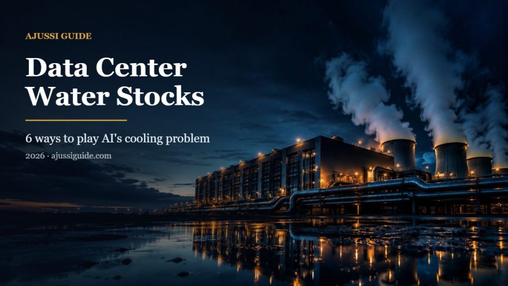 Data center water stocks: hyperscale data center with evaporative cooling towers at dusk