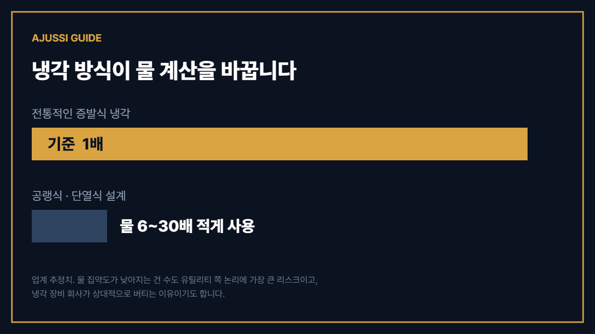 데이터센터 물 관련주 — 공랭·단열식 설계는 증발식 대비 물을 6~30배 적게 사용