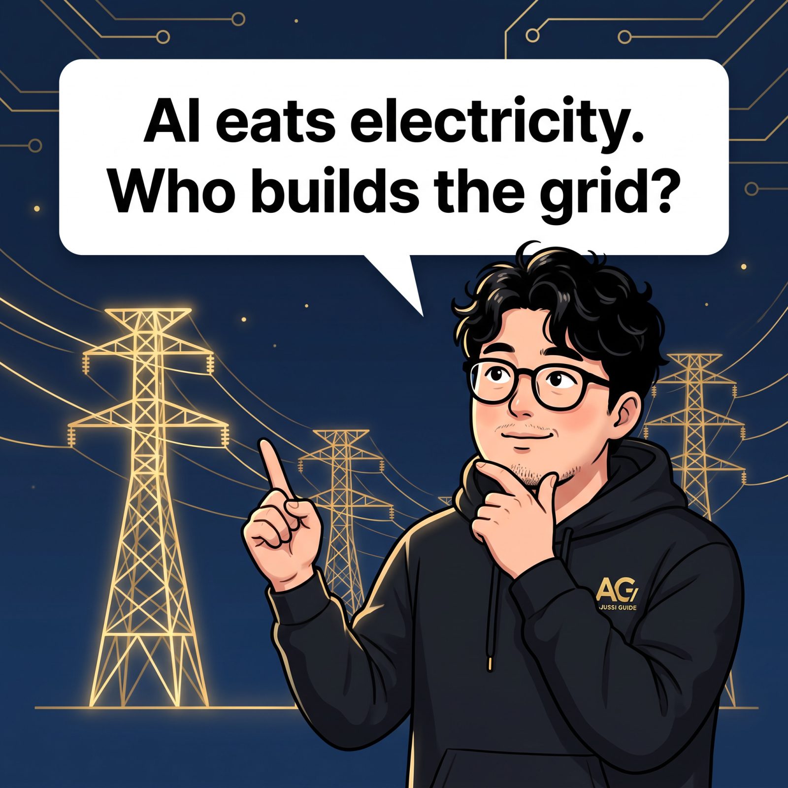 Cartoon character asking: AI eats electricity, who builds the grid? Golden transmission towers on navy background