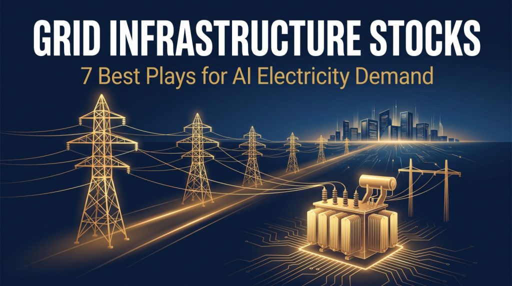 Golden high-voltage transmission towers and a transformer substation leading to a data center campus - grid infrastructure stocks for AI electricity demand cover