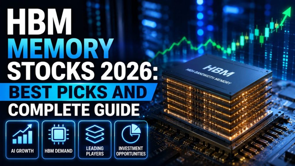 HBM memory stocks 2026 guide - stacked high bandwidth memory chip with rising stock chart