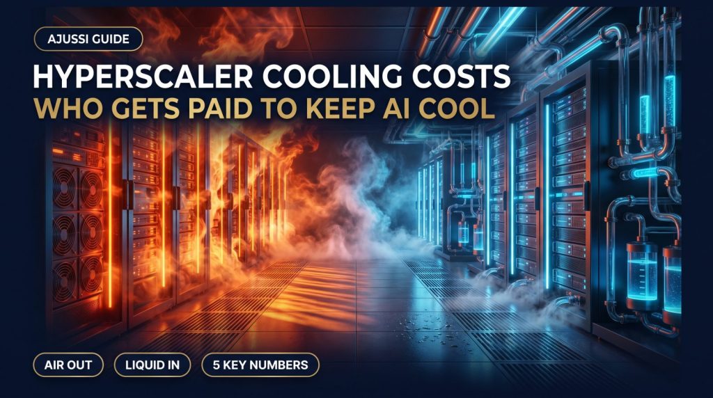Split data center corridor showing hot air-cooled server racks versus blue liquid cooling systems - hyperscaler cooling costs explained
