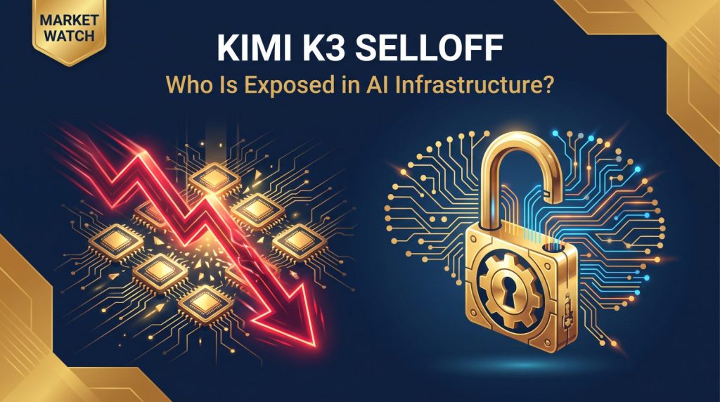 Kimi K3 selloff — red downward chart crashing through chip icons next to a golden open padlock symbolizing open-weight AI models, Market Watch card cover