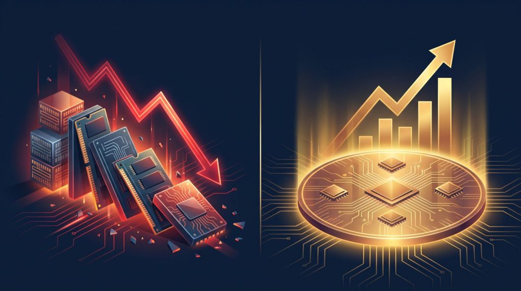 Split illustration of the July 2026 memory stock bear market: falling red chart over memory chips versus rising golden chart over a silicon wafer representing record foundry earnings