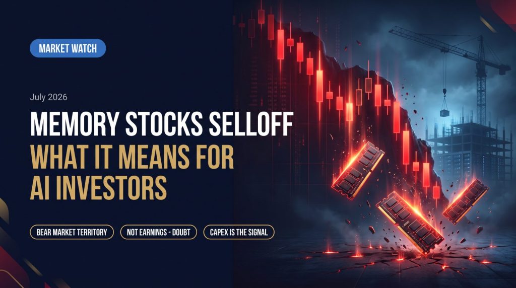 Memory Stocks Selloff: What It Means for AI Infrastructure Investors 1 Red candlestick chart crashing like a cliff with memory chips tumbling down and a paused construction crane - memory stocks selloff July 2026