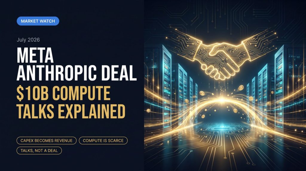 Meta Anthropic deal - circuit-line handshake over two data centers with a golden bridge of data, $10B compute leasing talks July 2026