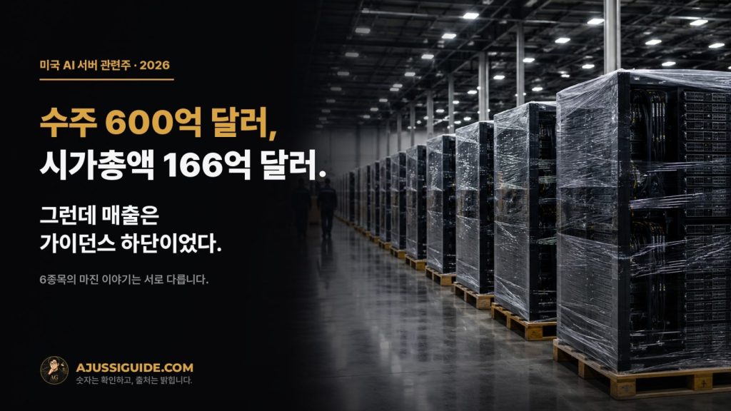 미국 AI 서버 관련주 2026 — 출하 대기 중인 포장된 서버 랙, 수주 600억 달러와 시가총액 166억 달러의 대비