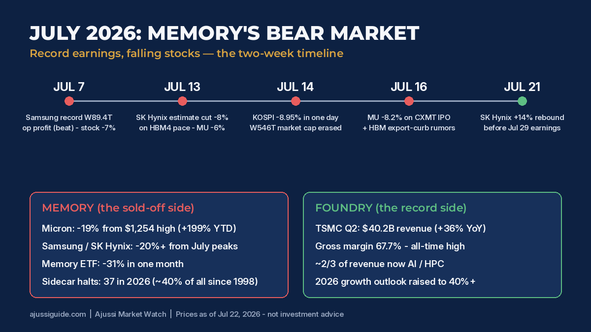 Why are memory stocks falling - timeline of the July 2026 memory stocks bear market: Samsung record earnings and 7 percent drop, SK Hynix estimate cut, KOSPI 8.95 percent crash, Micron CXMT selloff, and July 21 rebound - contrasted with TSMC record quarter