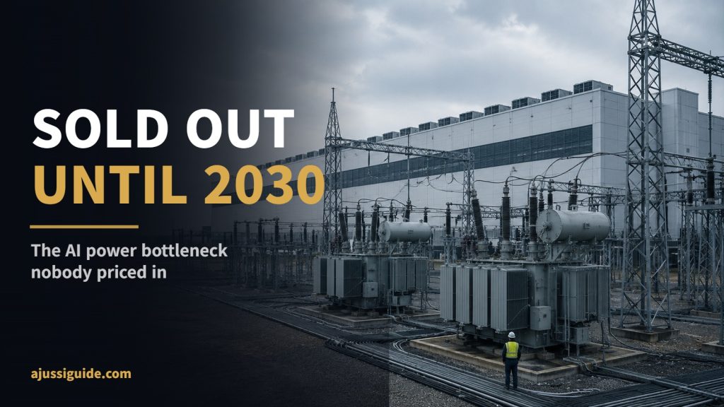 Transformer stocks - high voltage substation with transformer banks in front of an AI data center, lead times sold out until 2030