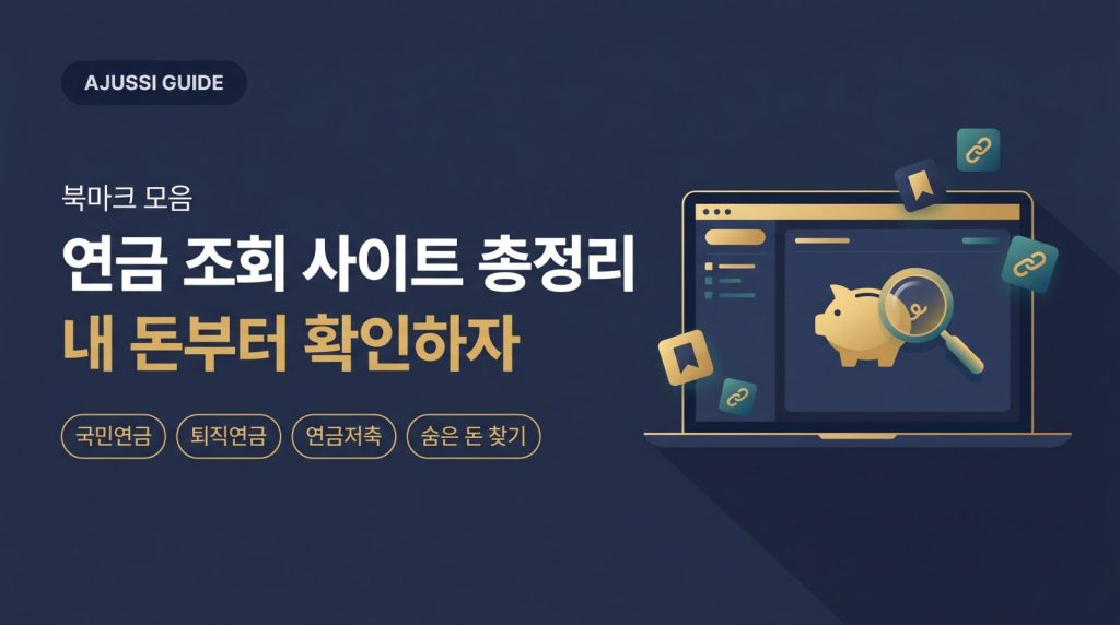 연금 조회 사이트 총정리 인포그래픽 — 국민연금·퇴직연금·연금저축·숨은 돈 찾기 공식 사이트 북마크 모음