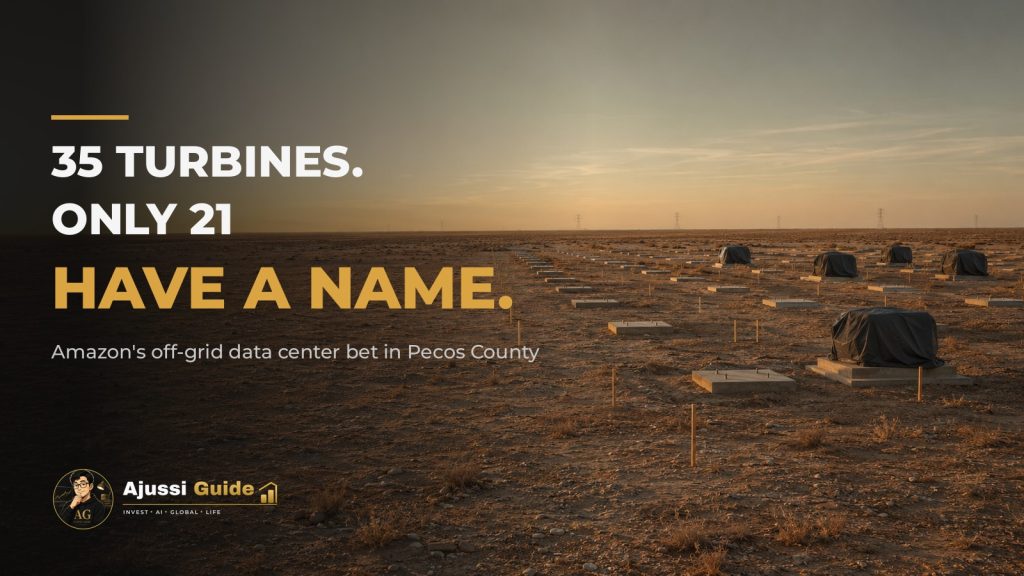 amazon off-grid data center cover: turbine foundation pads on a West Texas desert plain at dawn, only some holding covered equipment