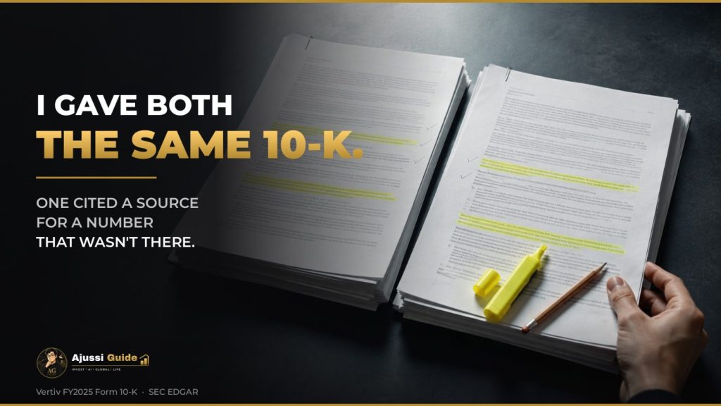 Claude vs ChatGPT for stock research: two identical printed 10-K stacks compared side by side with a highlighter