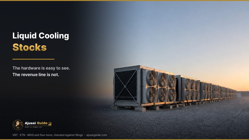 Liquid cooling stocks 2026 - rows of data center cooling units at dusk