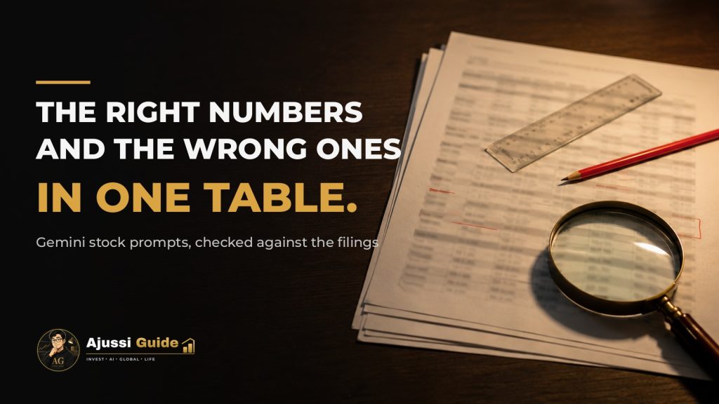 gemini stock analysis prompts cover: printed tables on a desk with a ruler, red pencil and magnifying glass