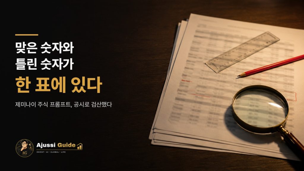 제미나이 주식 프롬프트 실측 커버, 책상 위 표 인쇄물과 자·빨간 연필·돋보기
