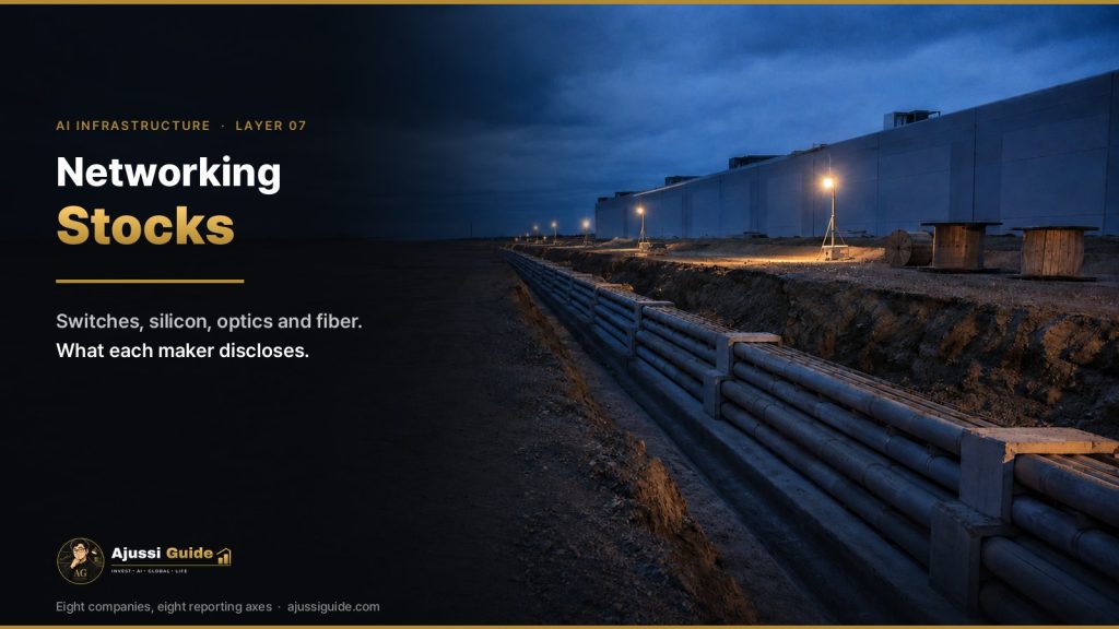 Networking stocks cover: telecom duct bank installation beside a data center campus at blue hour
