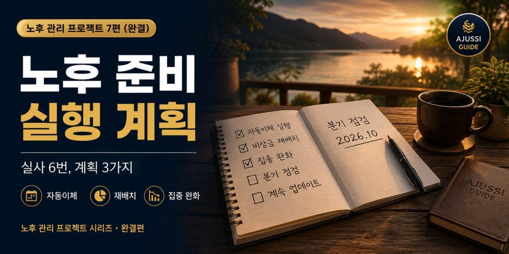 노후 준비 실행 계획, 노후 관리 프로젝트 7편 완결 커버. 실사 여섯 번과 계획 세 가지, 분기 점검 노트
