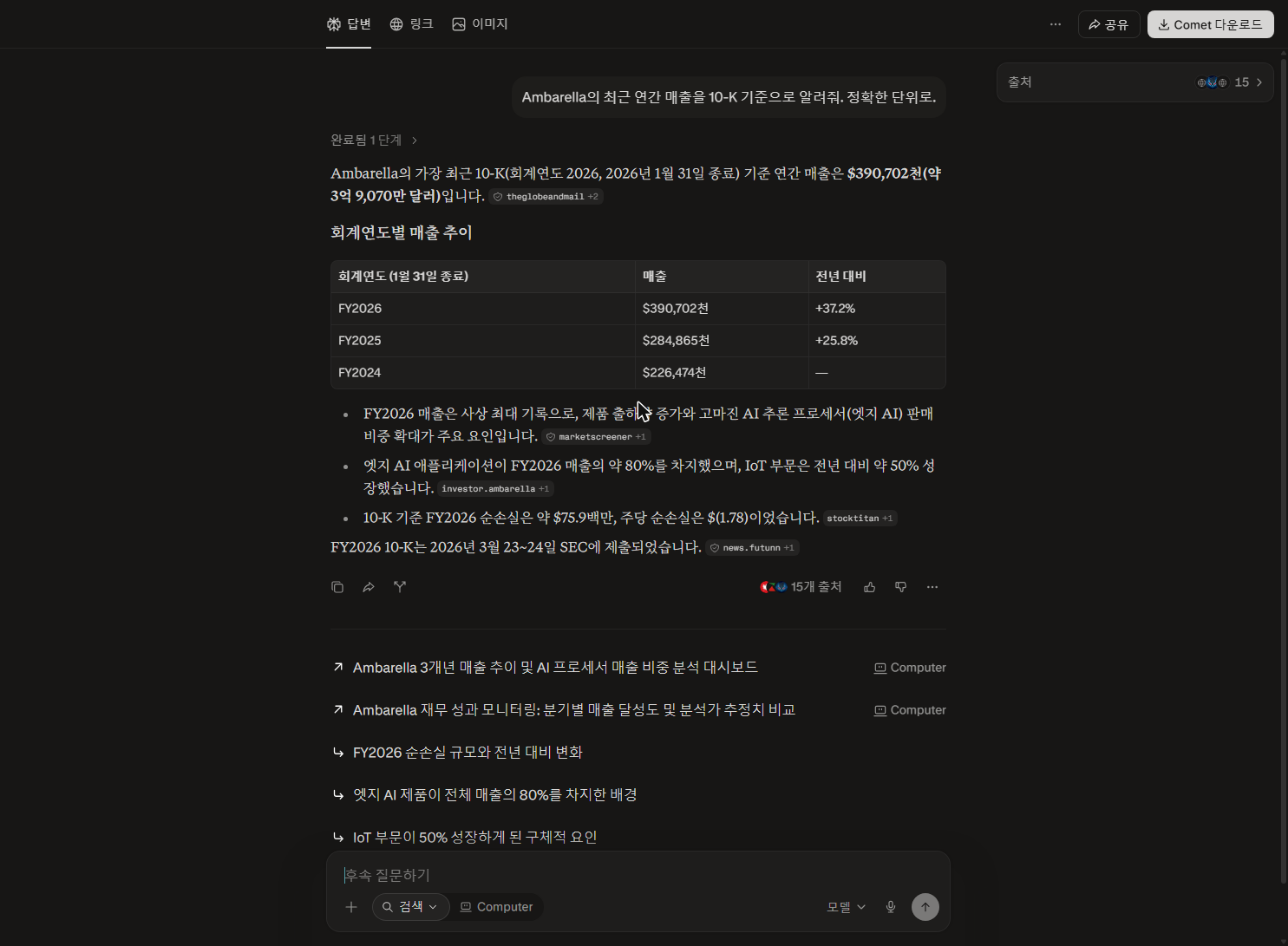퍼플렉시티 ambarella 10-K 연간 매출 단위 질문 답변