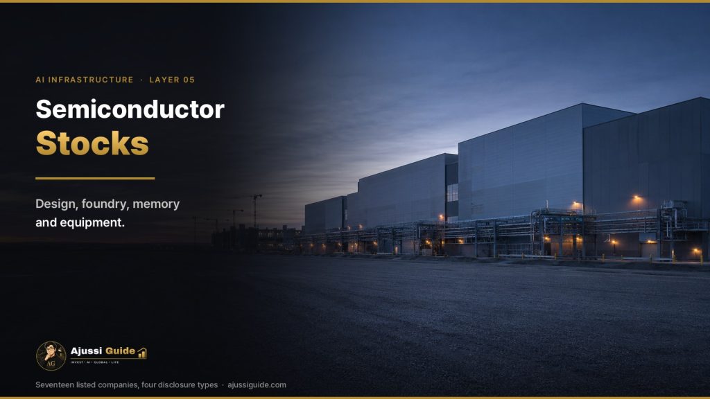 Semiconductor stocks cover: a fabrication plant complex at blue hour with tower cranes over a second fab under construction