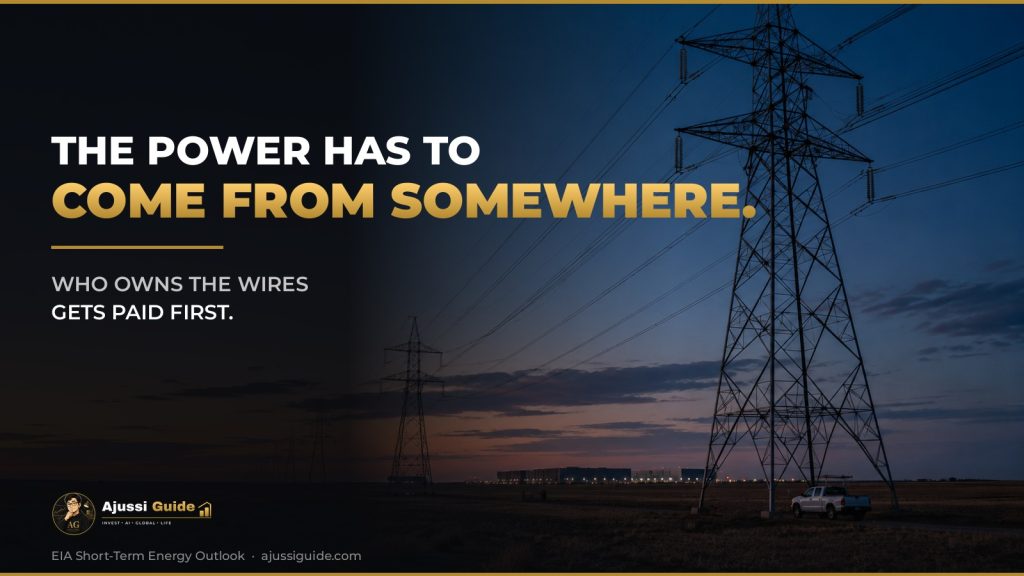 Transmission towers at dusk carrying data center electricity demand toward a distant data center campus