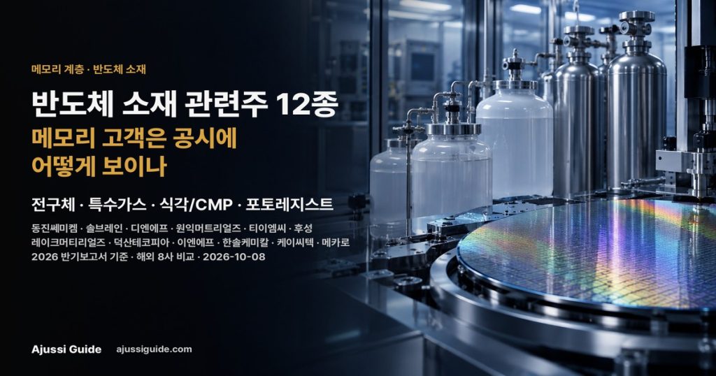 반도체 소재 관련주 12종 커버 — 전구체·특수가스·식각/CMP·포토레지스트, 2026 반기보고서 기준